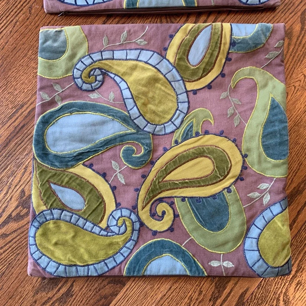 Pair Crate & Barrel Pillow Covers Patchwork Paisley Velvet Funky Artsy